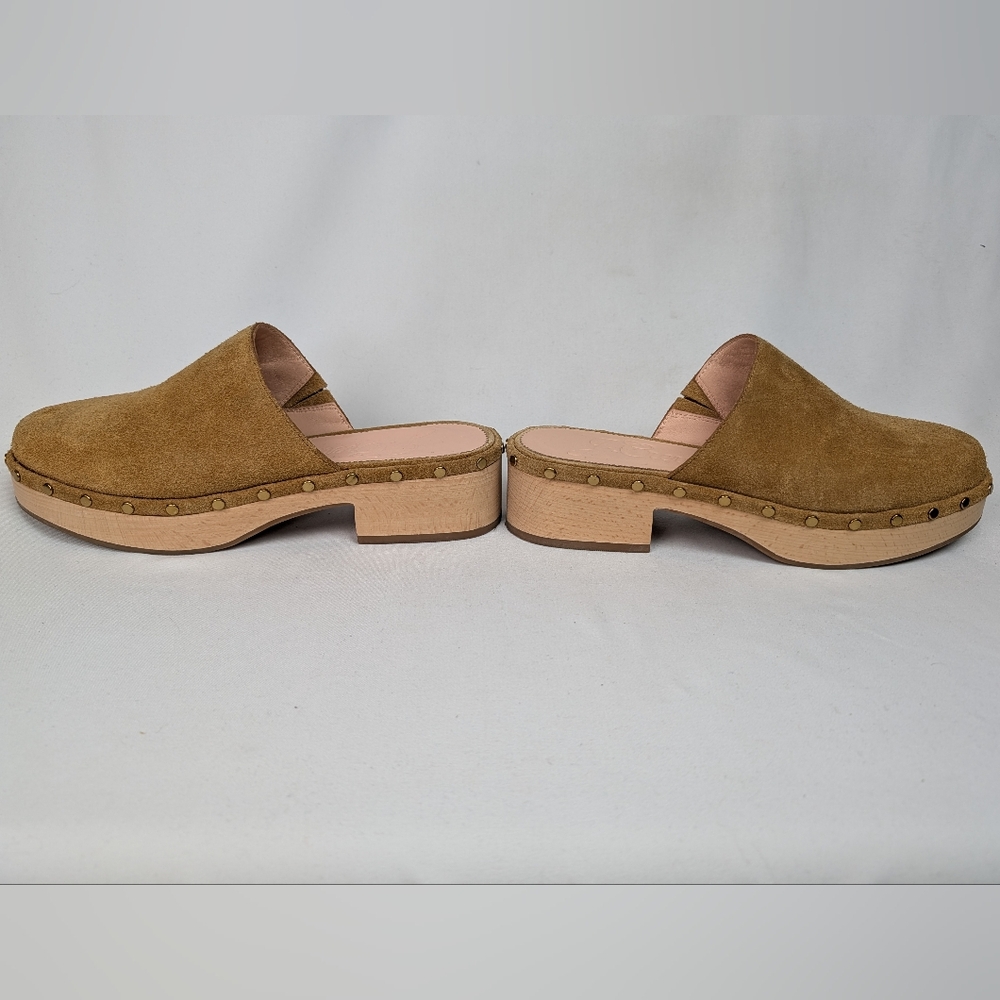 J. Crew Dakota Clogs in Suede Burnished Pecan Studded Leather Wood Sole - Picture 8 of 13